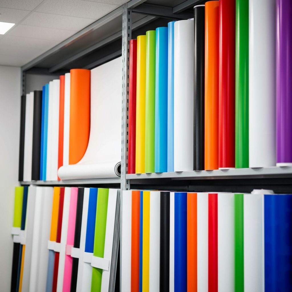 Colourful printed signage rolls and banners neatly stacked in a professional print shop